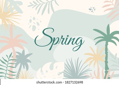 Abstract spring background with tropical leaves and floral elements, simple and trendy with flat style