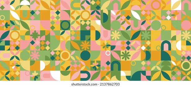 Abstract spring background vector. Geometric shapes pattern, Mosaic wallpaper design for presentation, cover, ads banner and wall art for home decoration.