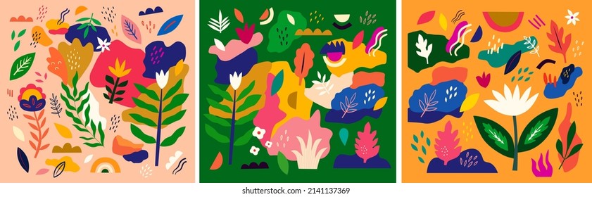 Abstract spring backgrounds with flowers, leaves and abstract shapes. Bright spring illustrations