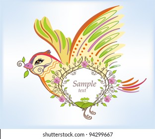 Abstract spring bird with green leaves