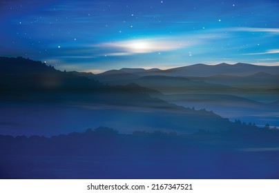 abstract spring blue background with mountains and sunrise