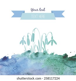 Abstract spring blue watercolor background with nice snowdrops and ribbon