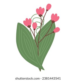 Abstract spring bouquet of flowering twig, 2 spathiphyllum leaves and curled branch in trendy shades