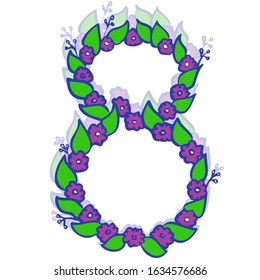 Abstract spring celebration art 8 march holiday design art blue silhouette green leaf twig outline violet petal flower ornament international womens day symbol white isolated stock vector illustration