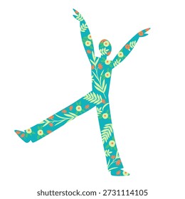 Abstractas silueta de carácter de primavera. Alegre danza humana. simbolizando la libertad, la felicidad, la conexión con la naturaleza. Ilustración vectorial plana moderna. para mindfulness, yoga, estilo de vida saludable, positividad