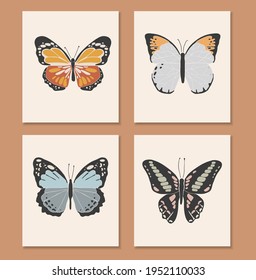 Abstract spring colorful buterfly card, boho buterfly vector, spring insect collection, nature elements, beautiful multicolour drawing buterfly set, vector illustration