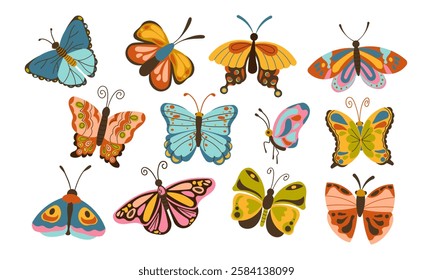 Abstract spring colorful butterfly set , flat butterfly vector, isolated spring insect, nature elements, beautiful multicolor drawing butterfly, vector illustration , hand drawn .