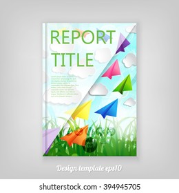 Abstract spring cover design with paper airplanes and clouds on a Natural green abstract Background, Brochure Design. Business brochure document layout for company presentations