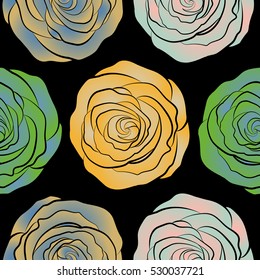 Abstract spring decorative roses seamless pattern in beige, blue and yellow colors. Vector rose icon.