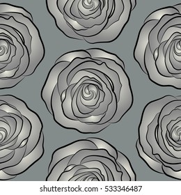 Abstract spring decorative roses seamless pattern in beige and gray colors. Vector rose icon.