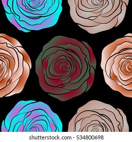 Abstract spring decorative roses seamless pattern in red, violet and neutral colors. Vector rose icon.