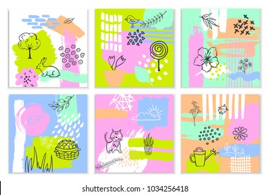 abstract spring easter paint brush stroke textured and outlined collagequirky cards set