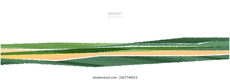 Abstract spring field landscape vector background. Eco farm, green agriculture, summer nature pattern, countryside with scribble texture. Farmland banner, meadow illustration, grassland horizon scene