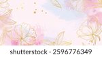 Abstract spring floral art background vector illustration. Watercolor botanical flower and gold brush line art texture. Luxury design for wallpaper, poster, banner, card, print, wedding.