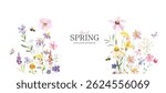 Abstract spring floral art background vector illustration. Watercolor hand painted botanical flower, leaves, eucalyptus, wildflower, stalk. Design for wallpaper, banner, card, print, wedding.