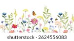 Abstract spring floral art background vector illustration. Watercolor hand painted botanical flower, leaves, eucalyptus, wildflower, stalk, butterfly, bee. Design for wallpaper, banner, card, wedding.