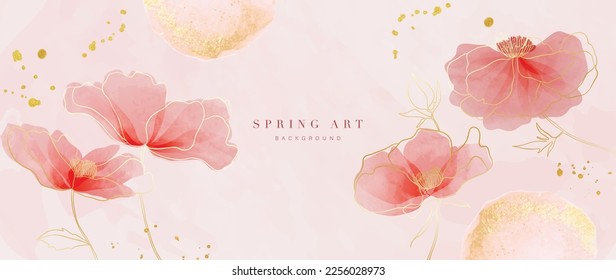 Resumen de ilustración vectorial de fondo de arte floral de primavera. Flor botánica acuarela y textura de la línea de pincel dorado. Diseño de lujo para papel pintado, afiche, banner, tarjeta, impresión, web y embalaje.