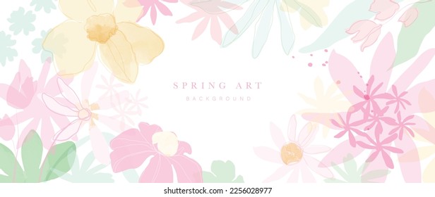 Abstract spring floral art background vector illustration. Watercolor hand painted botanical flower, leaves and nature background. Design for wallpaper, poster, banner, card, print, web and packaging.