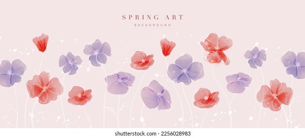 Abstract spring floral art background vector illustration. Watercolor hand painted botanical flower and line art background. Design for wallpaper, poster, banner, card, print, web and packaging.