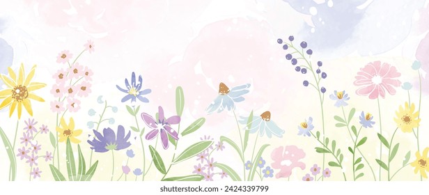 Abstract spring floral art background vector illustration. Watercolor hand painted botanical flower, leaves and nature background. Design for wallpaper, poster, banner, card, print, web and packaging.