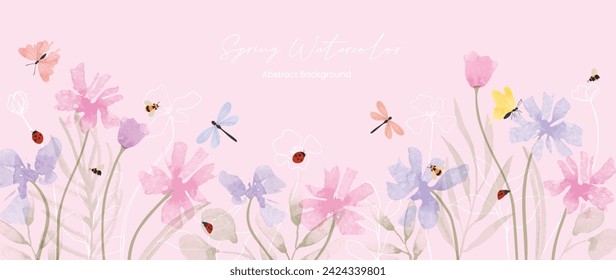 Ilustración abstracta del vector del fondo del arte floral de la primavera. Acuarela pintada a mano flor botánica, hojas, insectos, mariposas. Diseño para papel pintado, póster, banner, tarjeta, impresión, web y embalaje.