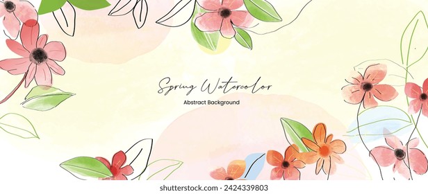Ilustración abstracta del vector del fondo del arte floral de la primavera. Flor botánica de acuarela, follaje, línea de pincel de oro y textura de arte. Diseño de lujo para papel pintado, póster, banner, tarjeta, impresión, web, embalaje.
