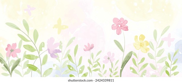 Ilustración abstracta del vector del fondo del arte floral de la primavera. Acuarela pintada a mano flor botánica, hojas y fondo de la naturaleza. Diseño para papel pintado, póster, banner, tarjeta, impresión, web y embalaje.