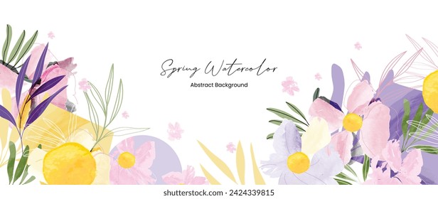 Abstract spring floral art background vector illustration. Watercolor hand painted botanical flower, leaves and nature background. Design for wallpaper, poster, banner, card, print, web and packaging.