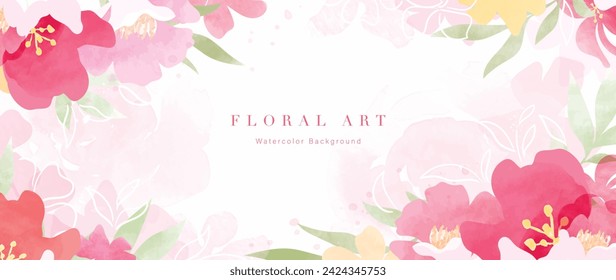 Ilustración abstracta del vector del fondo del arte floral de la primavera. Acuarela pintada a mano flor botánica, hojas y fondo de la naturaleza. Diseño para papel pintado, póster, banner, tarjeta, impresión, web y embalaje.