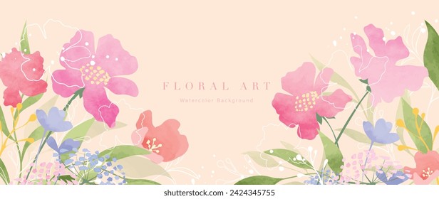 Abstract spring floral art background vector illustration. Watercolor hand painted botanical flower, leaves and nature background. Design for wallpaper, poster, banner, card, print, web and packaging.