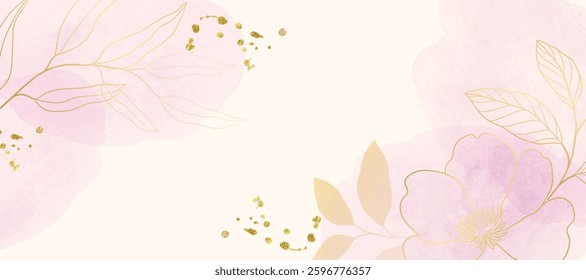 Abstract spring floral art background vector illustration. Watercolor botanical flower and gold brush line art texture. Luxury design for wallpaper, poster, banner, card, print, wedding.
