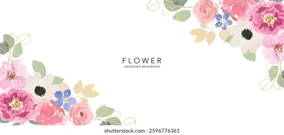 Abstract spring floral art background vector illustration. Watercolor hand painted botanical flower, leaves, eucalyptus, wildflower. Design for wallpaper, banner, card, print, wedding.