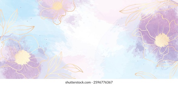 Abstract spring floral art background vector illustration. Watercolor botanical flower and gold brush line art texture. Luxury design for wallpaper, poster, banner, card, print, wedding.