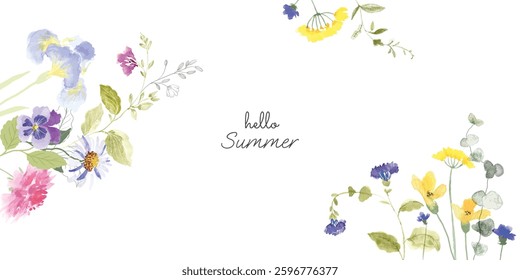 Abstract spring floral art background vector illustration. Watercolor hand painted botanical flower, leaves, eucalyptus, wildflower. Design for wallpaper, banner, card, print, wedding.