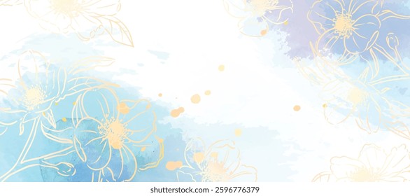 Abstract spring floral art background vector illustration. Watercolor botanical flower and gold brush line art texture. Luxury design for wallpaper, poster, banner, card, print, wedding.