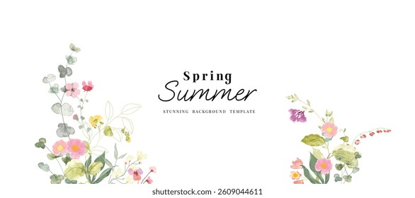 Abstract spring floral art background vector illustration. Watercolor hand painted botanical flower, leaves, eucalyptus, wildflower. Design for wallpaper, banner, card, print, wedding.