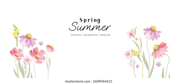 Abstract spring floral art background vector illustration. Watercolor hand painted botanical flower, leaves, eucalyptus, wildflower. Design for wallpaper, banner, card, print, wedding.