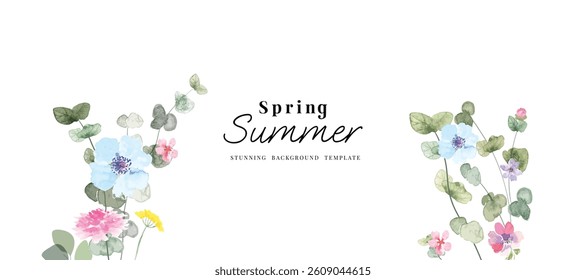 Abstract spring floral art background vector illustration. Watercolor hand painted botanical flower, leaves, eucalyptus, wildflower. Design for wallpaper, banner, card, print, wedding.