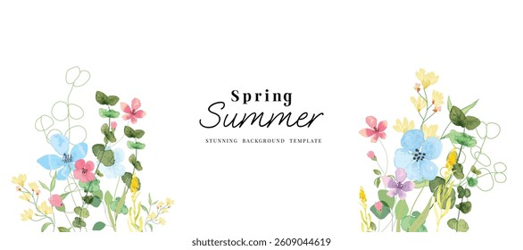 Abstract spring floral art background vector illustration. Watercolor hand painted botanical flower, leaves, eucalyptus, wildflower. Design for wallpaper, banner, card, print, wedding.
