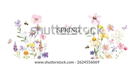 Abstract spring floral art background vector illustration. Watercolor hand painted botanical flower, leaves, eucalyptus, wildflower, stalk. Design for wallpaper, banner, card, print, wedding.