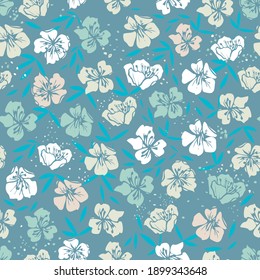 
Abstract spring floral pattern. Design seamless pattern. Trendy illustrated vector drawing for corporate identity, stationery, packaging, wallpaper. Minimalistic floral background in blue tones. Flor