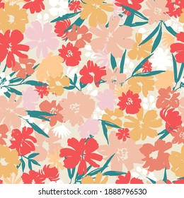 Abstraktes Blumenmuster der Feder. Nahtloses Musterdesign für Wickelpapier, Schreibwaren, Textilien. Trendy Vektor illustrierte botanische Stoffe. Rote und Senfgelbe Blumen. Minimalistische Blumenmuster.