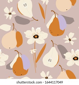 Abstract spring floral seamless pattern. Hand drawn colourful pears, flowers, leaves. Botanic summer set. Modern cut out design. Vector illustration background.