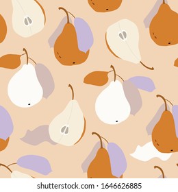 Abstract spring floral seamless pattern. Hand drawn colourful pears, flowers, leaves. Botanic summer set. Modern cut out design. Vector illustration background.