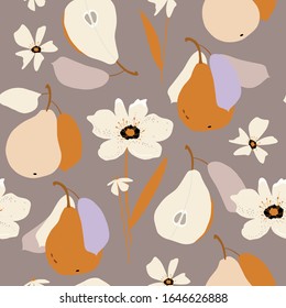 Abstract spring floral seamless pattern. Hand drawn colourful pears, flowers, leaves. Botanic summer set. Modern cut out design. Vector illustration background.
