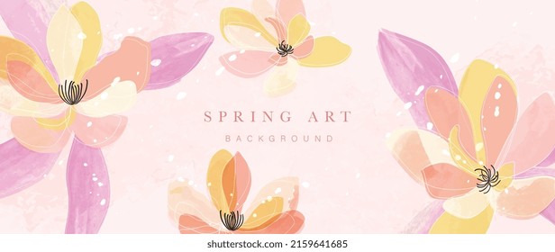 Abstract spring floral watercolor background. Blossom line art wallpaper with colorful flowers, leaf, foliage. Summer floral on purple watercolor design illustration for prints, banner, backdrop.