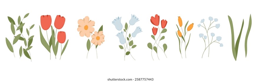 Abstract spring flower set with cute floral plant element. Flat doodle summer clipart with garden icon. Modern nature graphic with isolated leaves, wildflower blossom and tulip Easter design