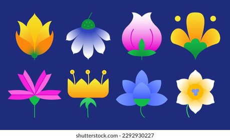 Abstract spring flowers in colorful simple geometric shapes collection. Spring art with botanical elements on dark background. Creative bauhaus style for poster, web banner, invitation, card, sticker