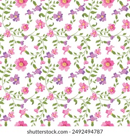 Abstract spring flowers on white background vector. Carnation flower and pink roses seamless pattern. For textile, fabric, shirt, dress, clothes, wallpaper, upholstery fabric. Soft colours.