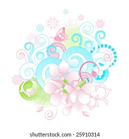 Abstract spring flowers and scrolls background. Vector illustration. No flattened transparencies.